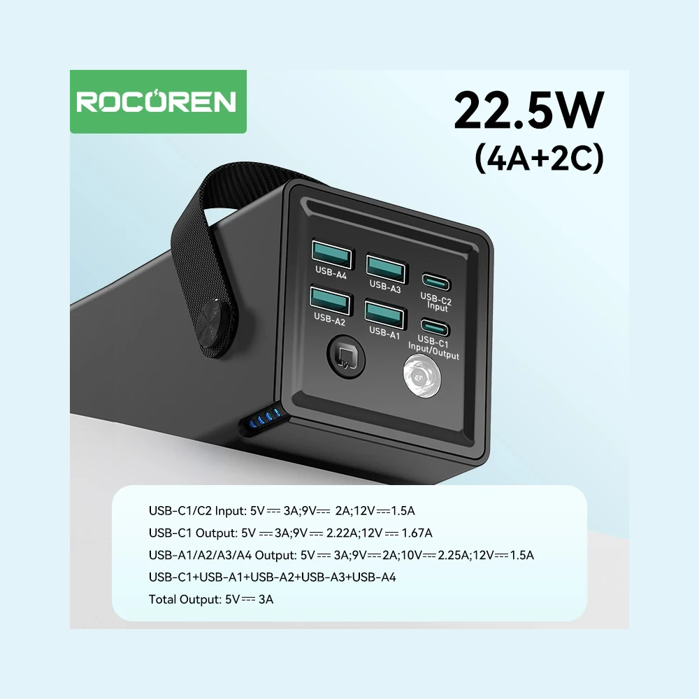 Rocoren 50,000mAh 22.5W Power Bank With Fast Charging 6 Ports USB + Type-C Powerbank With Flashlight