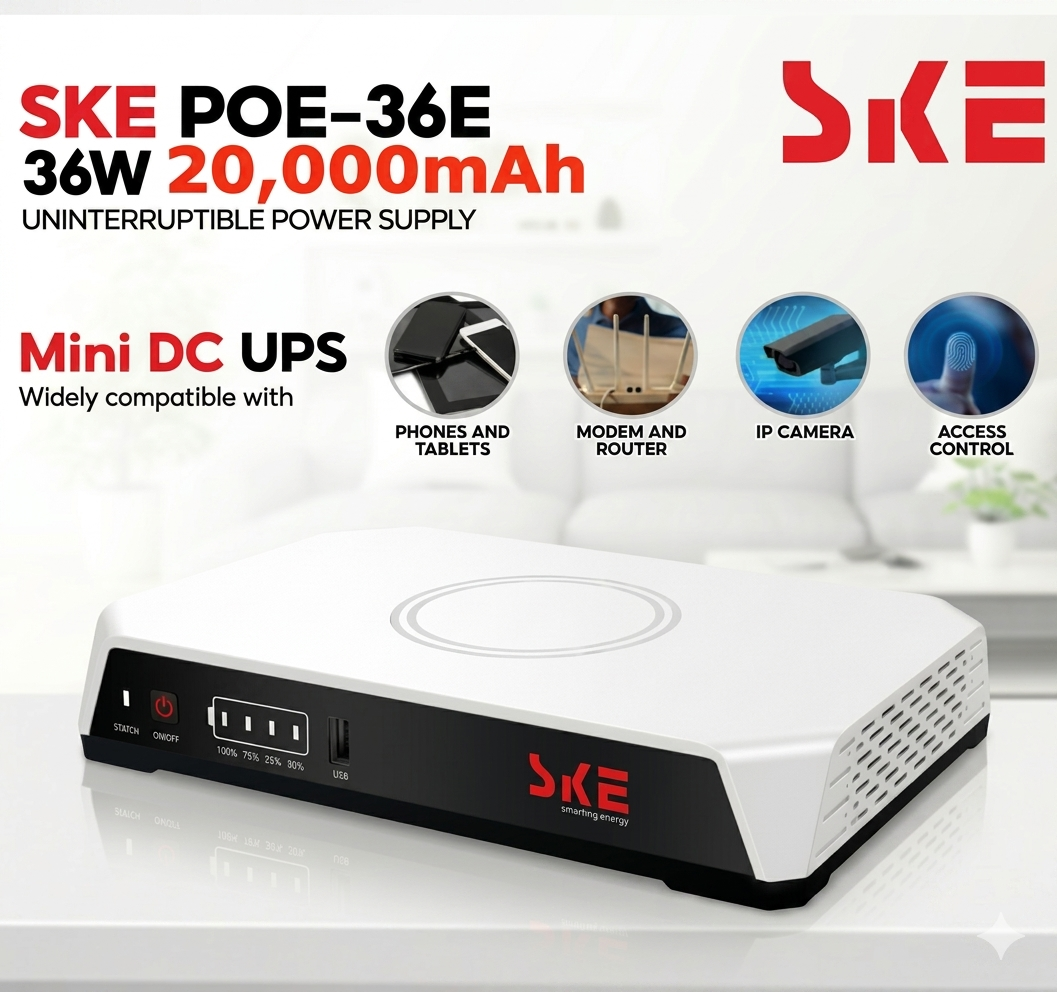 SKE POE-36E-LFP 20,000mAh Mini DC UPS – 36W High Power Backup with LiFePO4 Battery (5V/9V/12V 3A)