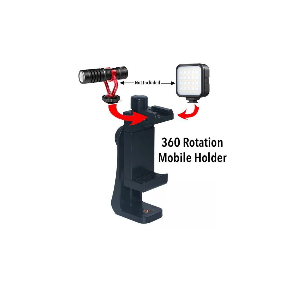360 Degree Mobile Holder With Cold Shoe Mount For Extra Microphone Or Led Light
